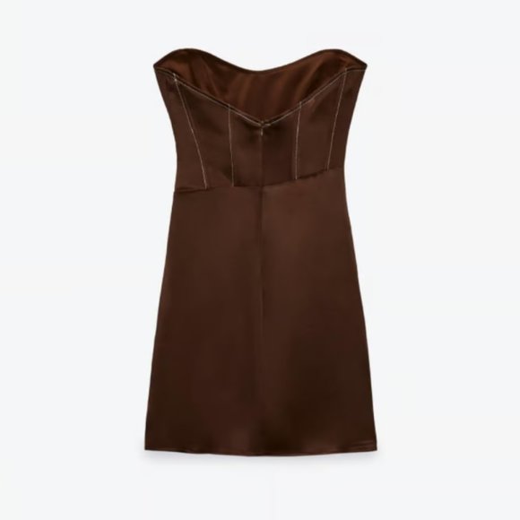 NWT Zara Brown Satin Strapless Corset Mini Dress - Picture 3 of 12